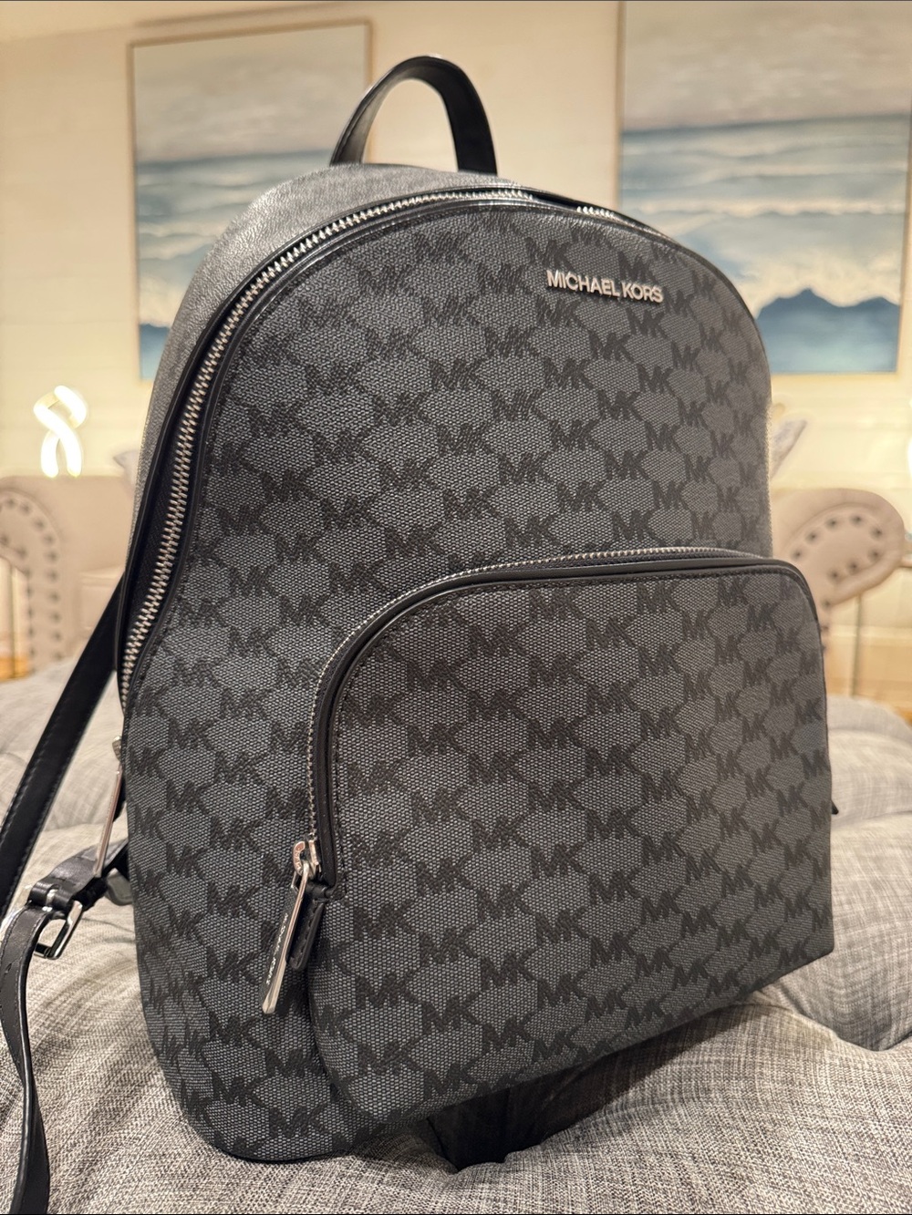Michael Kors Bag Jet Set MK Logo Black Gray Backpack - Picture 3 of 17